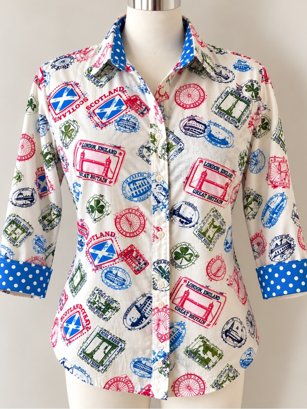 Talbots petite travel stamp print button down shirt size MP multicolor